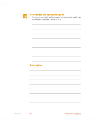 Atividades de aprendizagem
•	 Pesquise em sua região qual dos modais está disponível e qual é mais
utilizado para transportar a produção local.
Anotações
Fundamentos da Logísticae-Tec Brasil 38
 