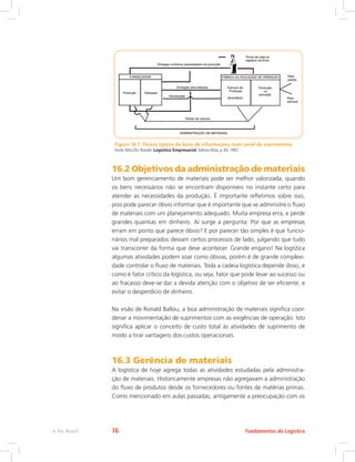 Figura 16.1: Fluxos típicos de bens de informações num canal de suprimentos
Fonte: BALLOU, Ronald. Logística Empresarial. Editora Atlas, p. 60, 1997.
16.2 Objetivos da administração de materiais
Um bom gerenciamento de materiais pode ser melhor valorizada, quando
os bens necessários não se encontram disponíveis no instante certo para
atender as necessidades da produção. É importante refletimos sobre isso,
pois pode parecer óbvio informar que é importante que se administre o fluxo
de materiais com um planejamento adequado. Muita empresa erra, e perde
grandes quantias em dinheiro. Aí surge a pergunta: Por que as empresas
erram em ponto que parece óbvio? E por parecer tão simples é que funcio-
nários mal preparados deixam certos processos de lado, julgando que tudo
vai transcorrer da forma que deve acontecer. Grande engano! Na logística
algumas atividades podem soar como óbvias, porém é de grande complexi-
dade controlar o fluxo de materiais. Toda a cadeia logística depende disso, e
como é fator crítico da logística, ou seja, fator que pode levar ao sucesso ou
ao fracasso deve-se dar a devida atenção com o objetivo de ser eficiente, e
evitar o desperdício de dinheiro.
Na visão de Ronald Ballou, a boa administração de materiais significa coor-
denar a movimentação de suprimentos com as exigências de operação. Isto
significa aplicar o conceito de custo total às atividades de suprimento de
modo a tirar vantagens dos custos operacionais.
16.3 Gerência de materiais
A logística de hoje agrega todas as atividades estudadas pela administra-
ção de materiais. Historicamente empresas não agregavam a administração
do fluxo de produtos desde os fornecedores ou fontes de matérias primas.
Como mencionado em aulas passadas, antigamente a preocupação com os
Fundamentos da Logísticae-Tec Brasil 76
 