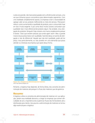 e-Tec Brasil77Aula 16 – Administração de materiais
custos era grande; não havia preocupação com a eficiência dos serviços, uma
vez que tínhamos pouca concorrência para determinados segmentos. Com
uma realidade completamente oposta, as empresas viram a necessidade de
agregar valor ao seu produto melhorando os níveis de serviços. Precisavam
reduzir custos aumentando a qualidade do produto, pois o consumidor hoje
em dia é muito exigente. E por conta disso muitos autores concordam que
qualidade não é mais diferencial de produto algum. Na verdade, virou obri-
gação do produtor. Ninguém hoje compra uma marca simplesmente porque
é barata. Claro que existem pessoas que ainda agem assim. Mas a grande
maioria busca preço baixo com qualidade, fazendo dessa um ponto de obri-
gação e não de diferencial. Aquele que não tem qualidade, pode até ter
preço, mas particularmente, eu não acredito em uma demanda que possa
atender os interesses da empresa que opere dessa forma.
Figura 16.2: Atuação da administração de materiais
Fonte: http://tijolossa.blogspot.com
Portanto, a logística hoje depende, de forma direta, dos conceitos de admi-
nistração de materiais até porque é o fluxo dos materiais que ela gerencia.
Resumo
A logística utiliza os conceitos de administração de materiais em sua aplica-
ção, porém essa realidade demorou a chegar às empresas que tinham difi-
culdades de ver a importância de se gerenciar fluxos dos fornecedores até a
distribuição para cliente. Aos poucos a administração de materiais se tornou
algo essencial para a logística.
 