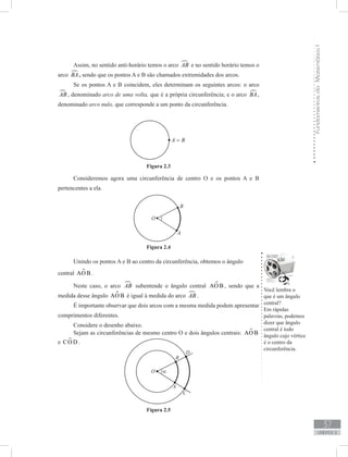 FundamentosdaMatemáticaI
37
unidade 2
Assim, no sentido anti-horário temos o arco AB e no sentido horário temos o
arco BA, sendo que os pontos A e B são chamados extremidades dos arcos.
Se os pontos A e B coincidem, eles determinam os seguintes arcos: o arco
AB , denominado arco de uma volta, que é a própria circunferência; e o arco BA,
denominado arco nulo, que corresponde a um ponto da circunferência.
Figura 2.3
Consideremos agora uma circunferência de centro O e os pontos A e B
pertencentes a ela.
Figura 2.4
Unindo os pontos A e B ao centro da circunferência, obtemos o ângulo
central AO B .
Você lembra o
que é um ângulo
central?
Em rápidas
palavras, podemos
dizer que ângulo
central é todo
ângulo cujo vértice
é o centro da
circunferência.
Neste caso, o arco AB subentende o ângulo central AO B , sendo que a
medida desse ângulo AO B é igual à medida do arco AB .
É importante observar que dois arcos com a mesma medida podem apresentar
comprimentos diferentes.
Considere o desenho abaixo.
Sejam as circunferências de mesmo centro O e dois ângulos centrais: AO B
e CO D .
Figura 2.5
 
