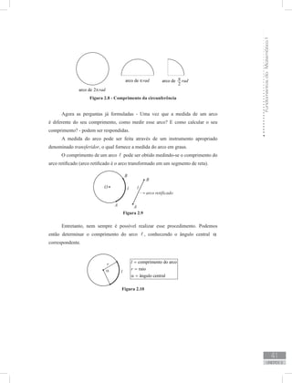 FundamentosdaMatemáticaI
41
unidade 2
Figura 2.8 - Comprimento da circunferência
Agora as perguntas já formuladas - Uma vez que a medida de um arco
é diferente do seu comprimento, como medir esse arco? E como calcular o seu
comprimento? - podem ser respondidas.
A medida do arco pode ser feita através de um instrumento apropriado
denominado transferidor, o qual fornece a medida do arco em graus.
O comprimento de um arco  pode ser obtido medindo-se o comprimento do
arco retificado (arco retificado é o arco transformado em um segmento de reta).
Figura 2.9
Entretanto, nem sempre é possível realizar esse procedimento. Podemos
então determinar o comprimento do arco  , conhecendo o ângulo central α
correspondente.
Figura 2.10
 