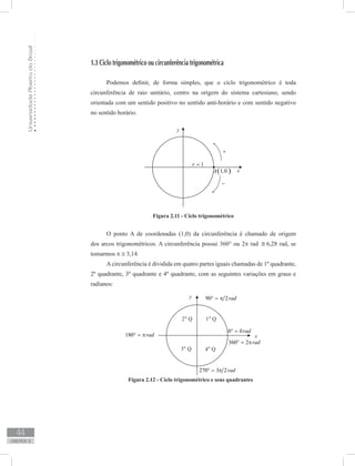 UniversidadeAbertadoBrasil
44
unidade 2
1.3 Ciclo trigonométrico ou circunferência trigonométrica
Podemos definir, de forma simples, que o ciclo trigonométrico é toda
circunferência de raio unitário, centro na origem do sistema cartesiano, sendo
orientada com um sentido positivo no sentido anti-horário e com sentido negativo
no sentido horário.
Figura 2.11 - Ciclo trigonométrico
O ponto A de coordenadas (1,0) da circunferência é chamado de origem
dos arcos trigonométricos. A circunferência possui 360° ou 2π rad ≅ 6,28 rad, se
tomarmos π ≅ 3,14.
A circunferência é dividida em quatro partes iguais chamadas de 1º quadrante,
2º quadrante, 3º quadrante e 4º quadrante, com as seguintes variações em graus e
radianos:
Figura 2.12 - Ciclo trigonométrico e seus quadrantes
 
