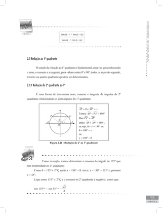 FundamentosdaMatemáticaI
53
unidade 2
sen α = − sen (− α)
cos α = cos (− α)
2.3 Redução ao 1º quadrante
	 O estudo da redução ao 1º quadrante é fundamental, uma vez que conhecendo
o seno, o cosseno e a tangente, para valores entre 0º e 90º, todos os arcos do segundo,
terceiro ou quarto quadrantes podem ser determinados.
2.3.1 Redução do 2º quadrante ao 1º
	 É uma forma de determinar seno, cosseno e tangente de ângulos do 2º
quadrante, relacionando-os com ângulos do 1° quadrante.
Figura 2.21 - Redução do 2º ao 1º quadrante
Como exemplo, vamos determinar o cosseno do ângulo de 135º que
tem extremidade no 2º quadrante.
Como θ = 135°∈ 2º Q então x = 180° − θ, isto é, x = 180° − 135° e, portanto
x = 45°.
Logo como 135° ∈ 2º Q e o cosseno no 2º quadrante é negativo, temos que:
cos 135°= − cos 45° =
2
2
−
 