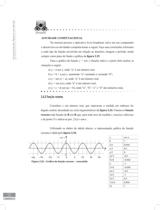 UniversidadeAbertadoBrasil
58
unidade 2
ATIVIDADE COMPUTACIONAL
	 Na internet procure o aplicativo livre Graphmat, salve em seu computador
e desenvolva as atividades computacionais a seguir. Faça suas conclusões referentes
a cada tipo de função envolvida em relação ao domínio, imagem e período, tendo
sempre como pano de fundo o gráfico da figura 2.25.
	 Faça o gráfico da função y = sen x (função mãe) e a partir dele analise as
situações a seguir:
a) y = a⋅sen x, onde “a” é um número real;
b) y = b + a⋅sen x, mantendo “a” constante e variando “b”;
c) y = sen (x + a), onde “a” é um número real;
d) y = sen (ax), onde “a” é um número real;
e) y = c + d⋅sen (ax + b), onde “a”, “b”, “c” e “d” são números reais.
2.4.2 Função cosseno
	 Considere x um número real, que representa a medida em radianos do
ângulo central, desenhado no ciclo trigonométrico da figura 2.24. Chama-se função
cosseno toda função de R em R que, para todo arco de medida x, associa a abscissa
x do ponto P e indica-se por ( ) cosf x x= .
	 Utilizando os dados da tabela abaixo, a representação gráfica da função
cosseno é dada pela figura 2.26.
x cos x
0 1
π/6 0,866
π/3 0,5
π/2 0
2π/3 -0,5
5π/6 -0,866
π -1
7π/6 -0,866
4π/3 -0,5
3π/2 -1
5π/3 0,5
11π/6 0,866
2π 1
Figura 2.26 - Gráfico da função cosseno – cossenóide
 