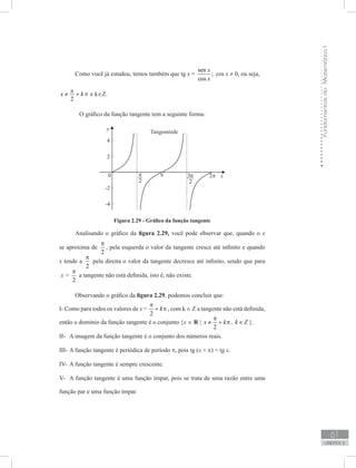 FundamentosdaMatemáticaI
61
unidade 2
Como você já estudou, temos também que tg x =
sen
;
cos
x
x
cos x ≠ 0, ou seja,
2
x k
p
p≠ + e k∈Z.
	 O gráfico da função tangente tem a seguinte forma:
Figura 2.29 - Gráfico da função tangente
Analisando o gráfico da figura 2.29, você pode observar que, quando o x
se aproxima de
2
π
, pela esquerda o valor da tangente cresce até infinito e quando
x tende a
2
π
pela direita o valor da tangente decresce até infinito, sendo que para
x =
2
π
a tangente não está definida, isto é, não existe.
Observando o gráfico da figura 2.29, podemos concluir que:
I- Como para todos os valores de x =
2
k
π
+ π , com k ∈ Z a tangente não está definida,
então o domínio da função tangente é o conjunto {x ∈ R |
2
x k
π
≠ + π, k Z∈ }.
II-	 A imagem da função tangente é o conjunto dos números reais.
III-	A função tangente é periódica de período π, pois tg (x + π) = tg x.
IV-	A função tangente é sempre crescente.
V-	 A função tangente é uma função ímpar, pois se trata de uma razão entre uma
função par e uma função ímpar.
π π
 