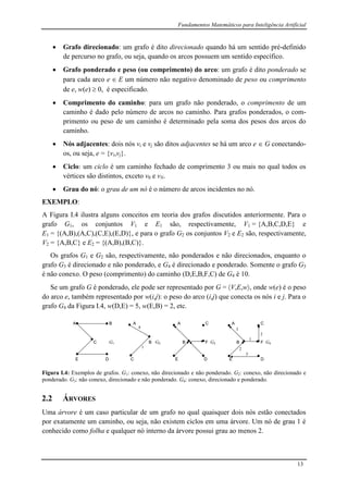 Fundamentos Matemáticos para Inteligência Artificial
13
 Grafo direcionado: um grafo é dito direcionado quando há um sentido pré-definido
de percurso no grafo, ou seja, quando os arcos possuem um sentido específico.
 Grafo ponderado e peso (ou comprimento) do arco: um grafo é dito ponderado se
para cada arco e  E um número não negativo denominado de peso ou comprimento
de e, w(e)  0, é especificado.
 Comprimento do caminho: para um grafo não ponderado, o comprimento de um
caminho é dado pelo número de arcos no caminho. Para grafos ponderados, o com-
primento ou peso de um caminho é determinado pela soma dos pesos dos arcos do
caminho.
 Nós adjacentes: dois nós vi e vj são ditos adjacentes se há um arco e  G conectando-
os, ou seja, e = {vi,vj}.
 Ciclo: um ciclo é um caminho fechado de comprimento 3 ou mais no qual todos os
vértices são distintos, exceto v0 e vN.
 Grau do nó: o grau de um nó é o número de arcos incidentes no nó.
EXEMPLO:
A Figura I.4 ilustra alguns conceitos em teoria dos grafos discutidos anteriormente. Para o
grafo G1, os conjuntos V1 e E1 são, respectivamente, V1 = {A,B,C,D,E} e
E1 = {(A,B),(A,C),(C,E),(E,D)}, e para o grafo G2 os conjuntos V2 e E2 são, respectivamente,
V2 = {A,B,C} e E2 = {(A,B),(B,C)}.
Os grafos G1 e G2 são, respectivamente, não ponderados e não direcionados, enquanto o
grafo G3 é direcionado e não ponderado, e G4 é direcionado e ponderado. Somente o grafo G3
é não conexo. O peso (comprimento) do caminho (D,E,B,F,C) de G4 é 10.
Se um grafo G é ponderado, ele pode ser representado por G = V,E,w, onde w(e) é o peso
do arco e, também representado por w(i,j): o peso do arco (i,j) que conecta os nós i e j. Para o
grafo G4 da Figura I.4, w(D,E) = 5, w(E,B) = 2, etc.
A B A A C A C
C G1 B G2 B F G3 B F G4
E D C E D E D
3
2
1
2
5
4
1
Figura I.4: Exemplos de grafos. G1: conexo, não direcionado e não ponderado. G2: conexo, não direcionado e
ponderado. G3: não conexo, direcionado e não ponderado. G4: conexo, direcionado e ponderado.
2.2 ÁRVORES
Uma árvore é um caso particular de um grafo no qual quaisquer dois nós estão conectados
por exatamente um caminho, ou seja, não existem ciclos em uma árvore. Um nó de grau 1 é
conhecido como folha e qualquer nó interno da árvore possui grau ao menos 2.
 