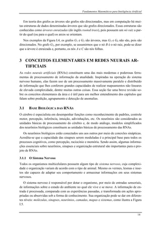 Fundamentos Matemáticos para Inteligência Artificial
14
Em teoria dos grafos as árvores são grafos não direcionados, mas em computação há mui-
tas estruturas de dados denominadas árvores que são grafos direcionados. Essas estruturas são
conhecidas como árvores enraizadas (do inglês rooted trees), pois possuem um nó raiz a par-
tir do qual (ou para o qual) os arcos se orientam.
Nos exemplos da Figura I.4, os grafos G1 e G2 são árvores, mas G3 e G4 não são, pois são
direcionados. No grafo G2, por exemplo, se assumirmos que o nó B é o nó raiz, pode-se dizer
que a árvore é enraizada e, portanto, os nós A e C são nós folhas.
3 CONCEITOS ELEMENTARES EM REDES NEURAIS AR-
TIFICIAIS
As redes neurais artificiais (RNAs) constituem uma das mais modernas e poderosas ferra-
mentas de processamento de informação da atualidade. Inspiradas na operação do sistema
nervoso humano, elas fazem uso de um processamento massivamente paralelo e distribuído
de informação que lhes conferem grandes capacidades de realizar mapeamentos não lineares
de elevada complexidade, dentre muitas outras coisas. Essa seção faz uma breve revisão so-
bre os conceitos elementares da área e é útil para um melhor entendimento dos capítulos que
falam sobre predição, agrupamento e detecção de anomalias.
3.1 BASE BIOLÓGICA DAS RNAS
O cérebro é especialista em desempenhar funções como reconhecimento de padrões, controle
motor, percepção, inferência, intuição, adivinhações, etc. Os neurônios são considerados as
unidades básicas de processamento do cérebro e, de modo análogo, modelos simplificados
dos neurônios biológicos constituem as unidades básicas de processamento das RNAs.
Os neurônios biológicos estão conectados uns aos outros por meio de conexões sinápticas.
Acredita-se que a capacidade das sinapses serem moduladas é a principal base para todos os
processos cognitivos, como percepção, raciocínio e memória. Sendo assim, algumas informa-
ções essenciais sobre neurônios, sinapses e organização estrutural são importantes para o pro-
jeto de RNAs.
3.1.1 O Sistema Nervoso
Todos os organismos multicelulares possuem algum tipo de sistema nervoso, cuja complexi-
dade e organização variam de acordo com o tipo de animal. Mesmo os vermes, lesmas e inse-
tos são capazes de adaptar seu comportamento e armazenar informações em seus sistemas
nervosos.
O sistema nervoso é responsável por dotar o organismo, por meio de entradas sensoriais,
de informações sobre o estado do ambiente no qual ele vive e se move. A informação de en-
trada é processada, comparada com as experiências passadas, e transformada em ações apro-
priadas ou absorvidas sob a forma de conhecimento. Sua organização pode se dar em diferen-
tes níveis: moléculas, sinapses, neurônios, camadas, mapas e sistemas, como ilustra a Figura
I.5.
 