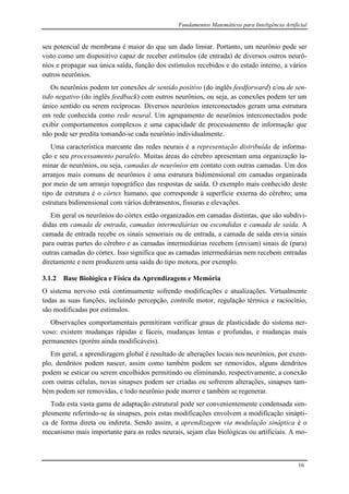 Fundamentos Matemáticos para Inteligência Artificial
16
seu potencial de membrana é maior do que um dado limiar. Portanto, um neurônio pode ser
visto como um dispositivo capaz de receber estímulos (de entrada) de diversos outros neurô-
nios e propagar sua única saída, função dos estímulos recebidos e do estado interno, a vários
outros neurônios.
Os neurônios podem ter conexões de sentido positivo (do inglês feedforward) e/ou de sen-
tido negativo (do inglês feedback) com outros neurônios, ou seja, as conexões podem ter um
único sentido ou serem recíprocas. Diversos neurônios interconectados geram uma estrutura
em rede conhecida como rede neural. Um agrupamento de neurônios interconectados pode
exibir comportamentos complexos e uma capacidade de processamento de informação que
não pode ser predita tomando-se cada neurônio individualmente.
Uma característica marcante das redes neurais é a representação distribuída de informa-
ção e seu processamento paralelo. Muitas áreas do cérebro apresentam uma organização la-
minar de neurônios, ou seja, camadas de neurônios em contato com outras camadas. Um dos
arranjos mais comuns de neurônios é uma estrutura bidimensional em camadas organizada
por meio de um arranjo topográfico das respostas de saída. O exemplo mais conhecido deste
tipo de estrutura é o córtex humano, que corresponde à superfície externa do cérebro; uma
estrutura bidimensional com vários dobramentos, fissuras e elevações.
Em geral os neurônios do córtex estão organizados em camadas distintas, que são subdivi-
didas em camada de entrada, camadas intermediárias ou escondidas e camada de saída. A
camada de entrada recebe os sinais sensoriais ou de entrada, a camada de saída envia sinais
para outras partes do cérebro e as camadas intermediárias recebem (enviam) sinais de (para)
outras camadas do córtex. Isso significa que as camadas intermediárias nem recebem entradas
diretamente e nem produzem uma saída do tipo motora, por exemplo.
3.1.2 Base Biológica e Física da Aprendizagem e Memória
O sistema nervoso está continuamente sofrendo modificações e atualizações. Virtualmente
todas as suas funções, incluindo percepção, controle motor, regulação térmica e raciocínio,
são modificadas por estímulos.
Observações comportamentais permitiram verificar graus de plasticidade do sistema ner-
voso: existem mudanças rápidas e fáceis, mudanças lentas e profundas, e mudanças mais
permanentes (porém ainda modificáveis).
Em geral, a aprendizagem global é resultado de alterações locais nos neurônios, por exem-
plo, dendritos podem nascer, assim como também podem ser removidos, alguns dendritos
podem se esticar ou serem encolhidos permitindo ou eliminando, respectivamente, a conexão
com outras células, novas sinapses podem ser criadas ou sofrerem alterações, sinapses tam-
bém podem ser removidas, e todo neurônio pode morrer e também se regenerar.
Toda esta vasta gama de adaptação estrutural pode ser convenientemente condensada sim-
plesmente referindo-se às sinapses, pois estas modificações envolvem a modificação sinápti-
ca de forma direta ou indireta. Sendo assim, a aprendizagem via modulação sináptica é o
mecanismo mais importante para as redes neurais, sejam elas biológicas ou artificiais. A mo-
 