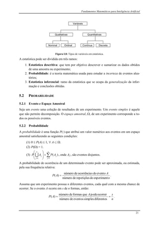 Fundamentos Matemáticos para Inteligência Artificial
21
Variáveis
Qualitativas Quantitativas
Nominal Ordinal Contínua Discreta
Figura I.8: Tipos de variáveis em estatística.
A estatística pode ser dividida em três ramos:
1. Estatística descritiva: que tem por objetivo descrever e sumarizar os dados obtidos
de uma amostra ou experimento;
2. Probabilidade: é a teoria matemática usada para estudar a incerteza de eventos alea-
tórios;
3. Estatística inferencial: ramo da estatística que se ocupa da generalização da infor-
mação e conclusões obtidas.
5.2 PROBABILIDADE
5.2.1 Evento e Espaço Amostral
Seja um evento uma coleção de resultados de um experimento. Um evento simples é aquele
que não permite decomposição. O espaço amostral, , de um experimento corresponde a to-
dos os possíveis eventos.
5.2.2 Probabilidade
A probabilidade é uma função P() que atribui um valor numérico aos eventos em um espaço
amostral satisfazendo as seguintes condições:
(1) 0  P(A)  1,  A  .
(2) P() = 1.
(3) 







 n
j
j
n
j
j APAP
11
)( , onde Aj’s são eventos disjuntos.
A probabilidade de ocorrência de um determinado evento pode ser aproximada, ou estimada,
pela sua frequência relativa:
oexperimentdorepetiçõesdenúmero
eventodosocorrênciadenúmero
)(
A
AP  .
Assuma que um experimento possua n diferentes eventos, cada qual com a mesma chance de
ocorrer. Se o evento A ocorre em s de n formas, então:
n
sA
AP 
diferentessimpleseventosdenúmero
ocorrerpodequeformasdenúmero
)( .
 