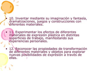 10. Inventar mediante su imaginación y fantasía, dramatizaciones, juegos y construcciones con diferentes materiales. 11. Experimentar los efectos de diferentes materiales de expresión plástica en distintas superficies de trabajo, manifestando sus experiencias personales. 12. Reconocer las propiedades de transformación de diferentes materiales y objetos para explorar nuevas posibilidades de expresión a través de ellas. 