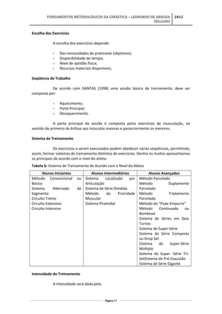 FUNDAMENTOS METODOLÓGICOS DA GINÁSTICA – LEONARDO DE ARRUDA
DELGADO
2012
Escolha dos Exercícios
A escolha dos exercícios depende:
- Das necessidades do praticante (objetivos);
- Disponibilidade de tempo;
- Nível de aptidão física;
- Recursos materiais disponíveis;
Seqüência de Trabalho
De acordo com DANTAS (1998) uma sessão básica de treinamento, deve ser
composta por:
- Aquecimento;
- Parte Principal;
- Desaquecimento.
A parte principal da sessão é composta pelos exercícios de musculação, no
sentido de primeiro da ênfase aos músculos maiores e posteriormente os menores.
Sistema de Treinamento
Os exercícios a serem executados podem obedecer várias seqüências, permitindo,
assim, formar sistemas de treinamento distintos de exercícios. Dentre os muitos apresentamos
os principais de acordo com o nível do atleta:
Tabela 6: Sistema de Treinamento de Acordo com o Nível do Atleta
Alunos Iniciantes Alunos Intermediários Alunos Avançados
Método Convencional ou
Básico
Sistema Alternado de
Segmento
Circuito Treino
Circuito Extensivo
Circuito Intensivo
Sistema Localizado por
Articulação
Sistema de Série Dividida
Método da Prioridade
Muscular
Sistema Piramidal
Método Parcelado
Método Duplamente
Parcelado
Método Triplamente
Parcelado
Método do "Puxe-Empurre"
Método Continuada ou
Bombead
Sistema de Séries em Dois
Turnos
Sistema de Super-Série
Sistema de Série Composta
ou Drop Set
Sistema do Super-Série
Múltiplo
Sistema do Super -Série Tri-
SetSistema de Pré-Exaustão
Sistema de Série Gigante
Intensidade do Treinamento
A intensidade será dada pela:
Página 87
 