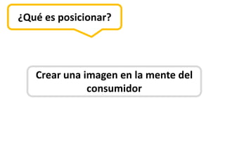 ¿Qué es posicionar?




   Crear una imagen en la mente del
              consumidor
 