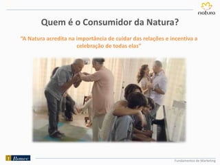 Fundamentos de Marketing
Quem é o Consumidor da Natura?
“A Natura acredita na importância de cuidar das relações e incentiva a
celebração de todas elas”
 
