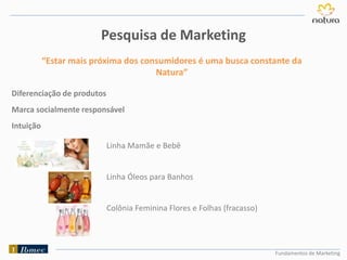 Fundamentos de Marketing
Diferenciação de produtos
Marca socialmente responsável
Intuição
Pesquisa de Marketing
“Estar mais próxima dos consumidores é uma busca constante da
Natura”
Linha Mamãe e Bebê
Linha Óleos para Banhos
Colônia Feminina Flores e Folhas (fracasso)
 