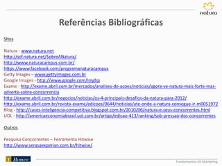 Fundamentos de Marketing
SItes
Natura - www.natura.net
http://scf.natura.net/SobreANatura/
http://www.naturacampus.com.br/
https://www.facebook.com/programanaturacampus
Getty Images – www.gettyimages.com.br
Google Images - http://www.google.com/imghp
Exame - http://exame.abril.com.br/mercados/analises-de-acoes/noticias/agora-ve-natura-mais-forte-mas-
adverte-sobre-concorrencia
http://exame.abril.com.br/negocios/noticias/os-4-principais-desafios-da-natura-para-2012/
http://exame.abril.com.br/revista-exame/edicoes/0644/noticias/ate-onde-a-natura-consegue-ir-m0051972
Blog - http://cases-inteligencia-competitiva.blogspot.com.br/2010/06/natura-e-seus-concorrentes.html
UOL - http://americaeconomiabrasil.uol.com.br/artigo/edicao-413/ranking/sob-pressao-dos-concorrentes
Outros
Pesquisa Concorrentes – Ferramenta Hitwise
http://www.serasaexperian.com.br/hitwise/
Referências Bibliográficas
 