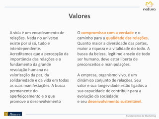 Fundamentos de Marketing
A vida é um encadeamento de
relações. Nada no universo
existe por si só, tudo e
interdependente.
Acreditamos que a percepção da
importância das relações e o
fundamento da grande
revolução humana na
valorização da paz, da
solidariedade e da vida em todas
as suas manifestações. A busca
permanente do
aperfeiçoamento e o que
promove o desenvolvimento
O compromisso com a verdade e o
caminho para a qualidade das relações.
Quanto maior a diversidade das partes,
maior a riqueza e a vitalidade do todo. A
busca da beleza, legitimo anseio de todo
ser humano, deve estar liberta de
preconceitos e manipulações.
A empresa, organismo vivo, é um
dinâmico conjunto de relações. Seu
valor e sua longevidade estão ligados a
sua capacidade de contribuir para a
evolução da sociedade
e seu desenvolvimento sustentável.
Valores
 
