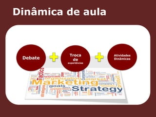 Dinâmica de aula 
Debate 
Troca 
de 
experiências 
Atividades 
Dinâmicas 
 