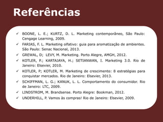 Referências 
 BOONE, L. E.; KURTZ, D. L. Marketing contemporâneo, São Paulo: 
Cengage Learning, 2009. 
 FARIAS, F. L. Marketing olfativo: guia para aromatização de ambientes. 
São Paulo: Senac Nacional, 2013. 
 GREWAL, D; LEVY, M. Marketing. Porto Alegre, AMGH, 2012. 
 KOTLER, P.; KARTAJAYA, H.; SETIANWAN, I. Marketing 3.0. Rio de 
Janeiro: Elsevier, 2010. 
 KOTLER, P; KOTLER, M. Marketing de crescimento: 8 estratégias para 
conquistar mercados. Rio de Janeiro: Elsevier, 2013. 
 SCHIFFMAN, L. G.; KANUK, L. L. Comportamento do consumidor. Rio 
de Janeiro: LTC, 2009. 
 LINDSTROM, M. Brandsense. Porto Alegre: Bookman, 2012. 
 UNDERHILL, P. Vamos às compras! Rio de Janeiro: Elsevier, 2009. 
 