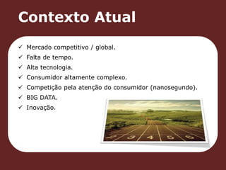 Contexto Atual 
 Mercado competitivo / global. 
 Falta de tempo. 
 Alta tecnologia. 
 Consumidor altamente complexo. 
 Competição pela atenção do consumidor (nanosegundo). 
 BIG DATA. 
 Inovação. 
 