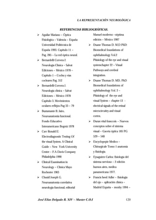 LA REPRESENTACIÓN NEUROLÓGICA
José Elías Delgado B. XIV – Master C.O.I 120
REFERENCIAS BIBLIOGRÁFICAS.
Ø Aguilar Mariano – Óptica
Fisiológica – Valencia – España
Universidad Politécnica de
España 1993. Capitulo 11 –
Pag. 285 – La red óptica neural.
Ø Bernardelli Corvera J:
Neurología Clínica – Salvat
Ediciones – México 1978 –
Capitulo 1 – Coclea y vías
cocleares Pag. 312
Ø Bernardelli Corvera J.
Neurología clínica – Salvat
Ediciones – México 1978
Capitulo 3. Movimientos
oculares reflejos Pag 33 – 79
Ø Bustamante B. Jairo,
Neuroanatomia funcional.
Fondo Educativo
Interamericano Bogotá 1978
Ø Carr Ronald E:
Electrodiagnostic Testing Of
the visual System. A Clinical
Guide – New York University
Center – F.A Davis Company
Philadelphia 1990
Ø Clinical Examination in
Neurology – Clínica Mayo
Rochester 1963
Ø Chusid Joseph G.
Neuroanatomia correlativa
neurología funcional, editorial
Manuel moderno –séptima
edición – México 1987
Ø Duane Thomas D. M.D PhD:
Biomedical foundations of
ophthalmology Vol.2
Phisiology of the eye and visual
systemchapter 22 – Visual
Pathways and cerebral
integration.
Ø Duane Thomas D. MD, PhD
Biomedical foundations of
ophthalmology Vol. 2 –
Phisiology of the eye and
visual System – chapter 13 -
electrical signals of the retinal
microcircuitry and visual
cortex.
Ø Duran vital franccois – Nuevos
conceptos sobre el sistema
visual – Gaceta óptica 185 PG
529 – 540
Ø Encyclopepie Medico –
Chirurgicale Tomo 1 anatomía
y fisiología.
Ø Eysaguirre Carlos: fisiología del
sistema nervioso – 2 edición
buenos aires, medica
panamericana 1977.
Ø Francis heed Adler – fisiología
del ojo – aplicación clínica –
Madrid España – mosby 1994 –
 