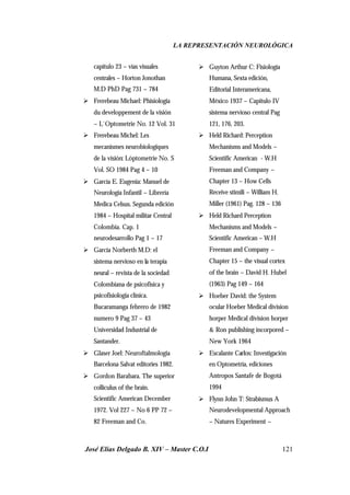 LA REPRESENTACIÓN NEUROLÓGICA
José Elías Delgado B. XIV – Master C.O.I 121
capitulo 23 – vías visuales
centrales – Horton Jonothan
M.D PhD Pag 731 – 784
Ø Frerebeau Michael: Phisiologia
du developpement de la visión
– L`Optometrie No. 12 Vol. 31
Ø Frerebeau Michel: Les
mecanismes neurobiologiques
de la visión: Lóptometrie No. S
Vol. SO 1984 Pag 4 – 10
Ø García E. Eugenia: Manuel de
Neurología Infantil – Librería
Medica Celsus. Segunda edición
1984 – Hospital militar Central
Colombia. Cap. 1
neurodesarrollo Pag 1 – 17
Ø García Norberth M.D: el
sistema nervioso en la terapia
neural – revista de la sociedad
Colombiana de psicofisica y
psicofisiologia clínica.
Bucaramanga febrero de 1982
numero 9 Pag 37 – 43
Universidad Industrial de
Santander.
Ø Glaser Joel: Neuroftalmologia
Barcelona Salvat editories 1982.
Ø Gordon Barabara. The superior
colliculus of the brain.
Scientific American December
1972. Vol 227 – No 6 PP 72 –
82 Freeman and Co.
Ø Guyton Arthur C: Fisiología
Humana, Sexta edición,
Editorial Interamericana,
México 1937 – Capitulo IV
sistema nervioso central Pag
121, 176, 203.
Ø Held Richard: Perception
Mechanisms and Models –
Scientific American - W.H
Freeman and Company –
Chapter 13 – How Cells
Receive stimili – William H.
Miller (1961) Pag. 128 – 136
Ø Held Richard Perception
Mechanisms and Models –
Scientific American – W.H
Freeman and Company –
Chapter 15 – the visual cortex
of the brain – David H. Hubel
(1963) Pag 149 – 164
Ø Hoeber David: the System
ocular Hoeber Medical division
horper Medical division horper
& Ron publishing incorpored –
New York 1964
Ø Escalante Carlos: Investigación
en Optometría, ediciones
Antropos Santafe de Bogotá
1994
Ø Flynn John T: Strabismus A
Neurodevelopmental Approach
– Natures Experiment –
 