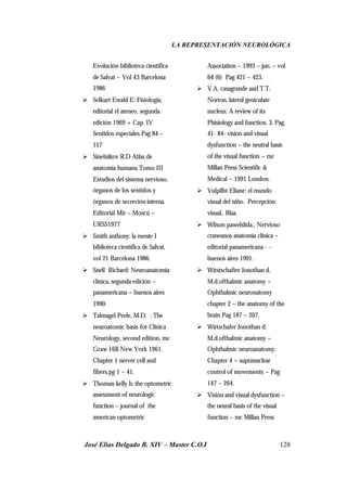 LA REPRESENTACIÓN NEUROLÓGICA
José Elías Delgado B. XIV – Master C.O.I 128
Evolución biblioteca científica
de Salvat – Vol 43 Barcelona
1986
Ø Selkurt Ewald E: Fisiología,
editorial el ateneo, segunda
edición 1969 + Cap. IV
Sentidos especiales Pag 84 –
117
Ø Sinelnikov R.D Atlas de
anatomía humana Tomo III
Estudios del sistema nervioso,
órganos de los sentidos y
órganos de secreción interna.
Editorial Mir – Moscú –
URSS1977
Ø Smith anthony: la mente I
biblioteca científica de Salvat,
vol 21 Barcelona 1986.
Ø Snell Richard: Neuroanatomia
clínica, segunda edición –
panamericana – buenos aires
1990.
Ø Talmagel Peele, M.D. : The
neuroatomic basis for Clínica
Neurology, second edition, mc
Graw Hill New York 1961.
Chapter 1 nerver cell and
fibers.pg 1 – 41.
Ø Thoman kelly h: the optometric
assessment of neurologic
function – journal of the
american optometric
Association – 1993 – jun. – vol
64 (6) Pag 421 – 423.
Ø V.A. casagrande and T.T.
Norton, lateral geniculate
nucleus: A review of its
Phisiology and function. 3. Pag.
41- 84- visión and visual
dysfunction – the neutral basis
of the visual function – mc
Millan Press Scientific &
Medical – 1991 London.
Ø Vulpilbt Eliane: el mundo
visual del niño. Percepción
visual.. Blaa.
Ø Wlison pawelslida., Nervioso
craneanos anatomía clínica –
editorial panamericana - -
buenos aires 1991.
Ø Wirstschafter Jonothan d.
M.d.ofthalmic anatomy –
Ophthalmic neuronatomy
chapter 2 – the anatomy of the
brain Pag 187 – 207.
Ø Wirtschafer Jonothan d.
M.d.ofthalmic anatomy –
Ophthalmic neuroanatomy.
Chapter 4 – supranuclear
control of movements – Pag
147 – 264.
Ø Visión and visual dysfunction –
the neural basis of the visual
function – mc Millan Press
 