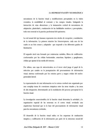 LA REPRESENTACIÓN NEUROLÓGICA
José Elías Delgado B. XIV – Master C.O.I 14
mecanismos de la función visual y modificaciones preceptúales en la visión
cromática, la sensibilidad al contraste y los campos visuales. Indagando la
interacción de estas alteraciones y la instauración cortical de mecanismos de
adaptación, plasticidad y maduración de las habilidades motrices y preceptúales,
todo esto esencial en la practica profesional del optómetra.
La red neural del ojo humano representa tres niveles de recepción y modulación
de la información. La primera estación los fotorreceptores, cada uno de los
cuales es un foto sensor y adaptador que responde a los diferentes grados de
iluminación.
El segundo nivel esta formado por resistencias variables, filtros de codificación
conformados por las células horizontales, amacrinas, bipolares y ganglionares,
células que ajustan la luz media del entorno.
Por ultimo, una capa de microcircuitos en el tercer nivel juega el papel de la
selección por canales en la jerarquización del procesamiento de información
visual, sistema conformado por los estratos parvo y magno celular del núcleo
geniculado lateral.
La representación de esta información en la corteza cerebral esta organizada por
una compleja trama de conexiones sinápticas entre las áreas visuales y las áreas
de alta integración, determinando así la modulación del proceso perceptual de la
función visual.
La investigación neurocientífica de la función visual determina la actividad y la
organización espacial de las neuronas en el cortex visual, revelando una
arquitectura funcional que es la base del procesamiento de información visual
para los mecanismos cerebrales.
El desarrollo de la función visual radica en los esquemas de maduración
sináptica y codificación de la información por parte de la estructura neural del
 