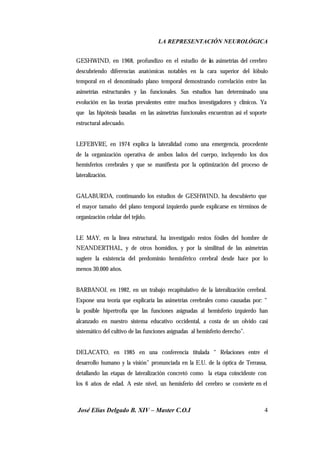 LA REPRESENTACIÓN NEUROLÓGICA
José Elías Delgado B. XIV – Master C.O.I 4
GESHWIND, en 1968, profundizo en el estudio de las asimetrías del cerebro
descubriendo diferencias anatómicas notables en la cara superior del lóbulo
temporal en el denominado plano temporal demostrando correlación entre las
asimetrías estructurales y las funcionales. Sus estudios han determinado una
evolución en las teorías prevalentes entre muchos investigadores y clínicos. Ya
que las hipótesis basadas en las asimetrías funcionales encuentran así el soporte
estructural adecuado.
LEFEBVRE, en 1974 explica la lateralidad como una emergencia, procedente
de la organización operativa de ambos lados del cuerpo, incluyendo los dos
hemisferios cerebrales y que se manifiesta por la optimización del proceso de
lateralización.
GALABURDA, continuando los estudios de GESHWIND, ha descubierto que
el mayor tamaño del plano temporal izquierdo puede explicarse en términos de
organización celular del tejido.
LE MAY, en la línea estructural, ha investigado restos fósiles del hombre de
NEANDERTHAL, y de otros homidios, y por la similitud de las asimetrías
sugiere la existencia del predominio hemisférico cerebral desde hace por lo
menos 30.000 años.
BARBANOJ, en 1982, en un trabajo recapitulativo de la lateralización cerebral.
Expone una teoría que explicaría las asimetrías cerebrales como causadas por: “
la posible hipertrofia que las funciones asignadas al hemisferio izquierdo han
alcanzado en nuestro sistema educativo occidental, a costa de un olvido casi
sistemático del cultivo de las funciones asignadas al hemisferio derecho”.
DELACATO, en 1985 en una conferencia titulada “ Relaciones entre el
desarrollo humano y la visión” pronunciada en la E.U. de la óptica de Terrassa,
detallando las etapas de lateralización concretó como la etapa coincidente con
los 6 años de edad. A este nivel, un hemisferio del cerebro se convierte en el
 