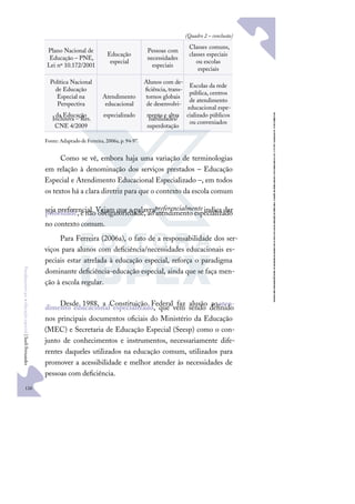 126
F
u
n
d
a
m
e
n
t
o
s
p
a
r
a
e
d
u
c
a
ç
ã
o
e
s
p
e
c
i
a
l
|
S
u
e
l
i
F
e
r
n
a
n
d
e
s
Plano Nacional de
Educação – PNE,
Lei nº 10.172/2001
Educação
especial
Pessoas com
necessidades
especiais
Classes comuns,
classes especiais
ou escolas
especiais
Política Nacional
de Educação
Especial na
Perspectiva
da Educação
Inclusiva – Res.
CNE 4/2009
Atendimento
educacional
especializado
Alunos com de-
ﬁciência, trans-
tornos globais
de desenvolvi-
mento e altas
habilidades/
superdotação
Escolas da rede
pública, centros
de atendimento
educacional espe-
cializado públicos
ou conveniados
Fonte: Adaptado de Ferreira, 2006a, p. 94-97.
Como se vê, embora haja uma variação de terminologias
em relação à denominação dos serviços prestados – Educação
Especial e Atendimento Educacional Especializado –, em todos
os textos há a clara diretriz para que o contexto da escola comum
seja preferencial. Vejam que a palavrapreferencialmente indica dar
prioridade, e não obrigatoriedade, ao atendimento especializado
no contexto comum.
Para Ferreira (2006a), o fato de a responsabilidade dos ser-
viços para alunos com deﬁciência/necessidades educacionais es-
peciais estar atrelada à educação especial, reforça o paradigma
dominante deﬁciência-educação especial, ainda que se faça men-
ção à escola regular.
Desde 1988, a Constituição Federal faz alusão aoaten-
dimento educacional especializado, que vem sendo deﬁnido
nos principais documentos oﬁciais do Ministério da Educação
(MEC) e Secretaria de Educação Especial (Seesp) como o con-
junto de conhecimentos e instrumentos, necessariamente dife-
rentes daqueles utilizados na educação comum, utilizados para
promover a acessibilidade e melhor atender às necessidades de
pessoas com deﬁciência.
(Quadro 2 – conclusão)
 