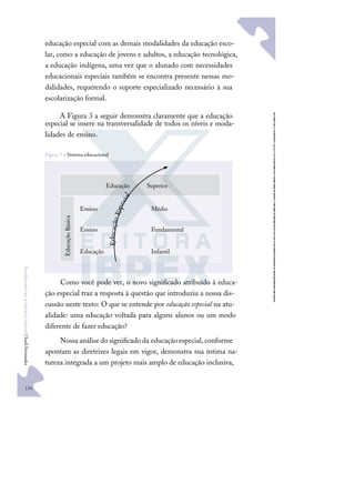 134
F
u
n
d
a
m
e
n
t
o
s
p
a
r
a
e
d
u
c
a
ç
ã
o
e
s
p
e
c
i
a
l
|
S
u
e
l
i
F
e
r
n
a
n
d
e
s
educação especial com as demais modalidades da educação esco-
lar, como a educação de jovens e adultos, a educação tecnológica,
a educação indígena, uma vez que o alunado com necessidades
educacionais especiais também se encontra presente nessas mo-
dalidades, requerendo o suporte especializado necessário à sua
escolarização formal.
A Figura 3 a seguir demonstra claramente que a educação
especial se insere na transversalidade de todos os níveis e moda-
lidades de ensino.
Figura 3 – Sistema educacional
Educação Superior
E
d
u
c
a
ç
ã
o
B
á
s
i
c
a
Ensino Médio
Ensino Fundamental
Educação Infantil
E
d
u
c
a
ç
ã
o
E
s
p
e
c
ia
l
Como você pode ver, o novo signiﬁcado atribuído à educa-
ção especial traz a resposta à questão que introduziu a nossa dis-
cussão neste texto: O que se entende por educação especial na atu-
alidade: uma educação voltada para alguns alunos ou um modo
diferente de fazer educação?
Nossaanálisedosigniﬁcadoda educaçãoespecial,conforme
apontam as diretrizes legais em vigor, demonstra sua íntima na-
tureza integrada a um projeto mais amplo de educação inclusiva,
 