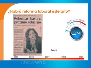 ¿Habrá reforma laboral este año?




                          Mayo


  2007    2008     2009          2010   2011
 