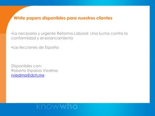 White papers disponibles para nuestros clientes


•La necesaria y urgente Reforma Laboral. Una lucha contra la
conformidad y el estancamiento

•Las lecciones de España



Disponibles con:
Roberto Esparza Viedma
rviedma@dch.mx
 