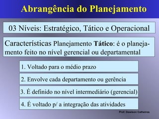 Abrangência do Planejamento 03 Níveis: Estratégico, Tático e Operacional Características  Planejamento  Tático : é o planeja-mento feito no nível gerencial ou departamental 1. Voltado para o médio prazo  2. Envolve cada departamento ou gerência  3. É definido no nível intermediário (gerencial) 4. É voltado p/ a integração das atividades  