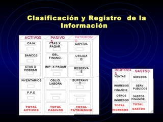 ACTIVOSACTIVOS PASIVOPASIVO
SS
OBL.
FINANCI.
CTAS X
PAGAR
CAJA
BANCOS
CTAS X
COBRAR
INVENTARIOS
P.P.E
TOTAL
ACTIVOS
IMP. X PAGAR
OBLIG.
LABORA
TOTAL
PASIVOS
PATRIMONI
O
SUPERAVI
T
RESERVA
S
UTILIDA
D
CAPITAL
TOTAL
PATRIMONIO
TOTAL
INGRES.
INGRESOINGRESO
SS
COSTOS Y
GASTOSGASTOS
VENTAS
INGRESOS
FINANCIE.
TOTAL
GASTOS
SUELDOS
SERV.
PUBLICOS
GASTOS
FINANCIE.
OTROS
INGRESOS
TOTAL
INGRESOS
Clasificación y Registro de la
Información
 