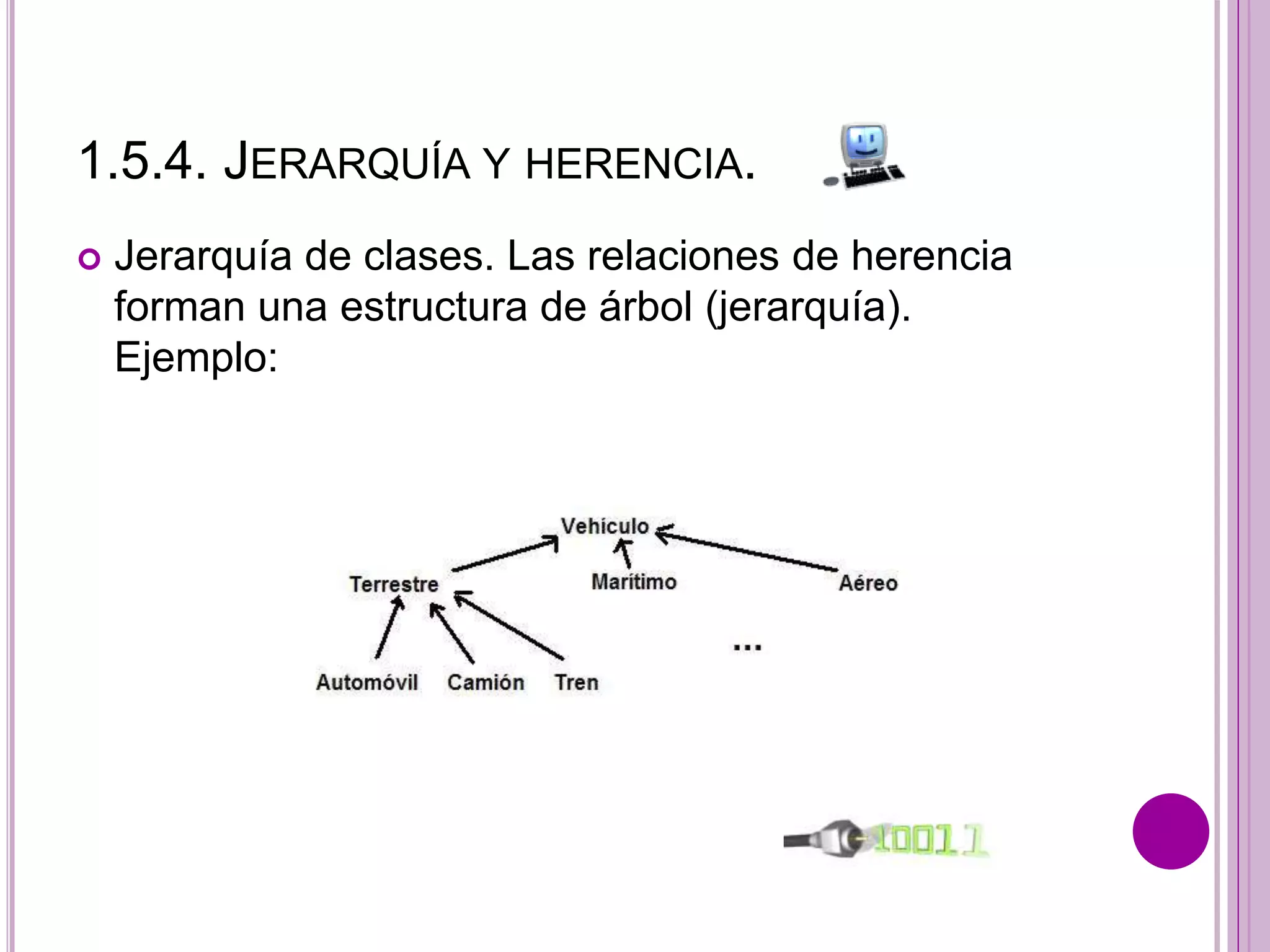 1.5.4. JERARQUÍA Y HERENCIA.
 Jerarquía de clases. Las relaciones de herencia
forman una estructura de árbol (jerarquía).
Ejemplo:
 