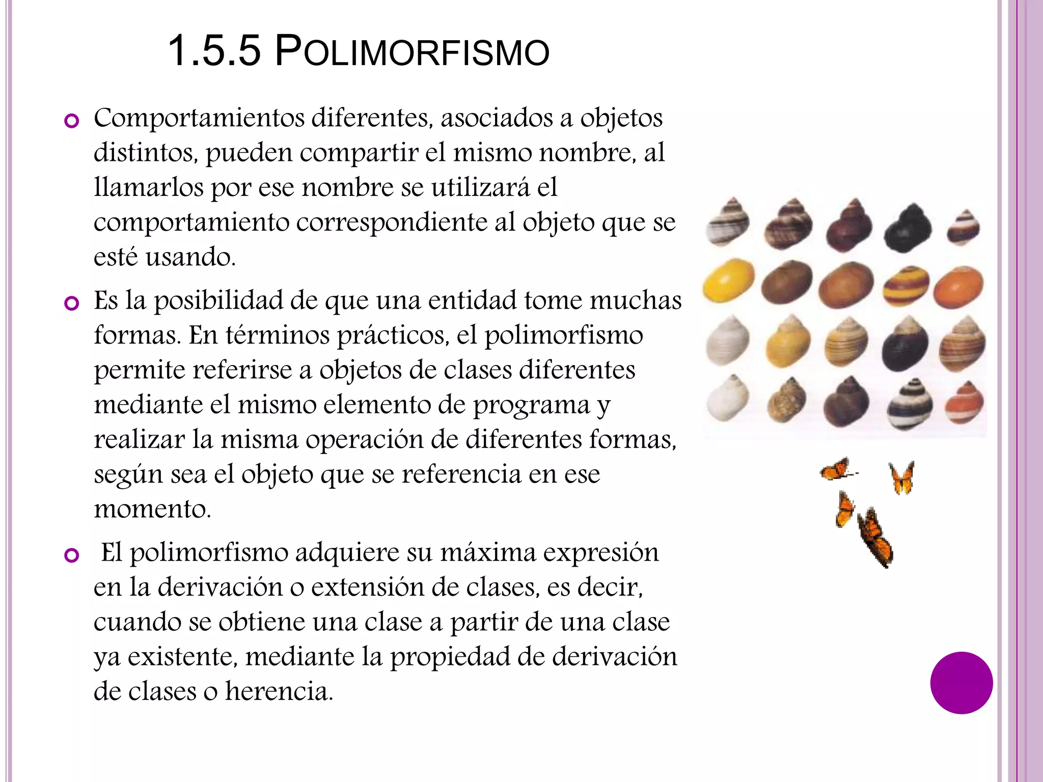 1.5.5 POLIMORFISMO
 Comportamientos diferentes, asociados a objetos
distintos, pueden compartir el mismo nombre, al
llamarlos por ese nombre se utilizará el
comportamiento correspondiente al objeto que se
esté usando.
 Es la posibilidad de que una entidad tome muchas
formas. En términos prácticos, el polimorfismo
permite referirse a objetos de clases diferentes
mediante el mismo elemento de programa y
realizar la misma operación de diferentes formas,
según sea el objeto que se referencia en ese
momento.
 El polimorfismo adquiere su máxima expresión
en la derivación o extensión de clases, es decir,
cuando se obtiene una clase a partir de una clase
ya existente, mediante la propiedad de derivación
de clases o herencia.
 