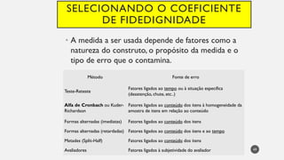 SELECIONANDO O COEFICIENTE
DE FIDEDIGNIDADE
• A medida a ser usada depende de fatores como a
natureza do construto, o propósito da medida e o
tipo de erro que o contamina.
49
Método Fonte de erro
Teste-Reteste
Fatores ligados ao tempo ou à situação específica
(desatenção, chute, etc..)
Alfa de Cronbach ou Kuder-
Richardson
Fatores ligados ao conteúdo dos itens à homogeneidade da
amostra de itens em relação ao conteúdo
Formas alternadas (imediatas) Fatores ligados ao conteúdo dos itens
Formas alternadas (retardadas) Fatores ligados ao conteúdo dos itens e ao tempo
Metades (Split-Half) Fatores ligados ao conteúdo dos itens
Avaliadores Fatores ligados à subjetividade do avaliador
 
