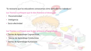 “Es necesario que los educadores conozcamos cómo aprenden los individuos”.
Las Teorías o enfoques que le dan Primacía al desarrollo
• Psicomotricidad
• Inteligencia
• Socio-afectividad
Las Teorías o enfoques que le dan primacía al aprendizaje
• Teorías de Aprendizaje Cognoscitivas
• Teorías de Aprendizaje Conductistas
• Teorías de Aprendizaje Humanistas
 