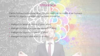 INTELIGENCIA
Ciertas formas o estructuras de acción por medio de las cuales el ser humano
asimila los objetos y eventos con los cuales interactúa
• Inteligencia Sensorio-motriz (2 prim. años)
• Inteligencia Prelógica o preoperatoria (2-7 años)
• Inteligencia Lógica concreta (7-12 años)
• Inteligencia Lógica abstracta (12-18 años)
 
