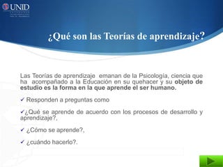 ¿Qué son las Teorías de aprendizaje?


Las Teorías de aprendizaje emanan de la Psicología, ciencia que
ha acompañado a la Educación en su quehacer y su objeto de
estudio es la forma en la que aprende el ser humano.
 Responden a preguntas como

¿Qué se aprende de acuerdo con los procesos de desarrollo y
aprendizaje?,
 ¿Cómo se aprende?,

 ¿cuándo hacerlo?.
 