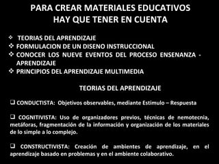 PARA CREAR MATERIALES EDUCATIVOS HAY QUE TENER EN CUENTA TEORIAS DEL APRENDIZAJE FORMULACION DE UN DISENO INSTRUCCIONAL CONOCER LOS NUEVE EVENTOS DEL PROCESO ENSENANZA -  APRENDIZAJE PRINCIPIOS DEL APRENDIZAJE MULTIMEDIA TEORIAS DEL APRENDIZAJE CONDUCTISTA:  Objetivos observables, mediante Estimulo – Respuesta COGNITIVISTA: Uso de organizadores previos, técnicas de nemotecnia, metáforas, fragmentación de la información y organización de los materiales de lo simple a lo complejo.  CONSTRUCTIVISTA: Creación de ambientes de aprendizaje, en el aprendizaje basado en problemas y en el ambiente colaborativo. 