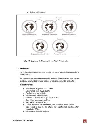 FUNDAMENTOS DE REDES
16
 Relieve del terreno
Fig.12. Esquema de Transmisión por Radio Frecuencia.
3. Microondas.
Se utiliza para comunicar datos a larga distancia, proporciona velocidad y
costos bajos.
La comunicación mediante microondas es fácil de establecer, pero su uso
presenta algunas desventajas debido a las condiciones del ambiente.
Características.
 Frecuencias muy altas: 1 -100 GHz
 Longitud de onda muy pequeña
 Es absorbida por la lluvia
 No atraviesa bien edificios
 Ondas más direccionales que las de radio
 Se utilizan antenas parabólicas
 Tx y Rx se tienen que “ver”
 Cuanto más altas son las antenas, más distancia puede cubrir:
 Con torres a 100 m de altura, las repetidoras pueden estar
espaciadas 80Km
 No necesita derecho de paso
 