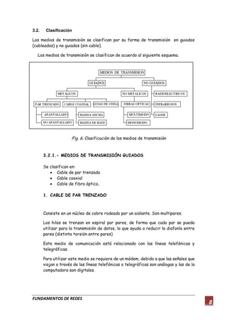 FUNDAMENTOS DE REDES
8
3.2. Clasificación
Los medios de transmisión se clasifican por su forma de transmisión en guiados
(cableados) y no guiados (sin cable).
Los medios de transmisión se clasifican de acuerdo al siguiente esquema.
Fig. 6. Clasificación de los medios de transmisión
3.2.1.- MEDIOS DE TRANSMISIÓN GUIADOS
Se clasifican en:
 Cable de par trenzado
 Cable coaxial
 Cable de fibra óptica.
1. CABLE DE PAR TRENZADO
Consiste en un núcleo de cobre rodeado por un aislante. Son multipares.
Los hilos se trenzan en espiral por pares, de forma que cada par se pueda
utilizar para la transmisión de datos, lo que ayuda a reducir la diafonía entre
pares (distinta torsión entre pares)
Este medio de comunicación está relacionado con las líneas telefónicas y
telegráficas.
Para utilizar este medio se requiere de un módem, debido a que las señales que
viajan a través de las líneas telefónicas o telegráficas son análogas y las de la
computadora son digitales.
 