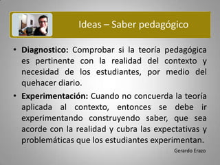 Ideas – Saber pedagógico Diagnostico: Comprobar si la teoría pedagógica es pertinente con la realidad del contexto y necesidad de los estudiantes, por medio del quehacer diario.Experimentación: Cuando no concuerda la teoría aplicada al contexto, entonces se debe ir experimentando construyendo saber, que sea acorde con la realidad y cubra las expectativas y problemáticas que los estudiantes experimentan.  Gerardo Erazo