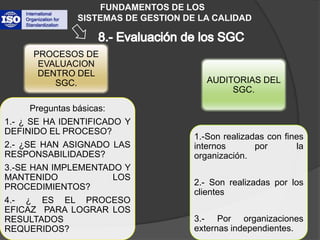 FUNDAMENTOS DE LOS           SISTEMAS DE GESTION DE LA CALIDADPROCESOS DE EVALUACION DENTRO DEL SGC.AUDITORIAS DEL SGC.Preguntas básicas:1.- ¿ SE HA IDENTIFICADO Y DEFINIDO EL PROCESO?2.- ¿SE HAN ASIGNADO LAS RESPONSABILIDADES?3.-SE HAN IMPLEMENTADO Y MANTENIDO LOS PROCEDIMIENTOS?4.- ¿ ES EL PROCESO EFICAZ  PARA LOGRAR LOS RESULTADOS REQUERIDOS?8.- Evaluación de los SGC 1.-Son realizadas con fines internos por la organización.2.- Son realizadas por los clientes3.- Por organizaciones  externas independientes.