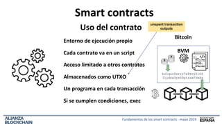 Smart contracts
Uso del contrato
Bitcoin
BVM
Entorno de ejecución propio
Cada contrato va en un script
Acceso limitado a o...