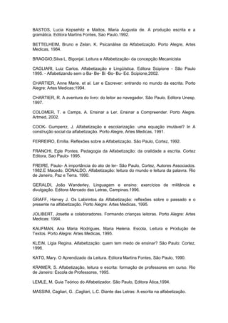 BASTOS, Lucia Kopsehitz e Mattos, Maria Augusta de. A produção escrita e a
gramática. Editora Martins Fontes, Sao Paulo.1992.
BETTELHEIM, Bruno e Zelan, K. Psicanálise da Alfabetização. Porto Alegre, Artes
Medicas, 1984.
BRAGGIO,Silva L. Bigonjal. Leitura e Alfabetização- da concepção Mecanicista
CAGLIARI, Luiz Carlos. Alfabetização e Lingüística. Editora Scipione - São Paulo
1995. - Alfabetizando sem o Ba- Be- Bi -Bo- Bu- Ed. Scipione,2002.
CHARTIER, Anne Marie. et al. Ler e Escrever: entrando no mundo da escrita. Porto
Alegre: Artes Medicas:1994.
CHARTIER, R. A aventura do livro: do leitor ao navegador. São Paulo. Editora Unesp.
1997.
COLOMER, T. e Camps, A. Ensinar a Ler, Ensinar a Compreender. Porto Alegre.
Artmed, 2002.
COOK- Gumperrz, J. Alfabetização e escolarização: uma equação imutável? In A
construção social da alfabetização. Porto Alegre, Artes Medicas, 1991.
FERREIRO, Emília. Reflexões sobre a Alfabetização. São Paulo, Cortez, 1992.
FRANCHI, Egle Pontes. Pedagogia da Alfabetização: da oralidade a escrita. Cortez
Editora, Sao Paulo- 1995.
FREIRE, Paulo- A importância do ato de ler- São Paulo, Cortez, Autores Associados.
1982.E Macedo, DONALDO. Alfabetização: leitura do mundo e leitura da palavra. Rio
de Janeiro, Paz e Terra. 1990.
GERALDI, João Wanderley. Linguagem e ensino: exercícios de militância e
divulgação. Editora Mercado das Letras, Campinas.1996.
GRAFF, Harvey J. Os Labirintos da Alfabetização: reflexões sobre o passado e o
presente na alfabetização. Porto Alegre: Artes Medicas, 1995.
JOLIBERT, Josette e colaboradores. Formando crianças leitoras. Porto Alegre: Artes
Medicas: 1994.
KAUFMAN, Ana Maria Rodrigues, Maria Helena. Escola, Leitura e Produção de
Textos. Porto Alegre: Artes Medicas, 1995.
KLEIN, Ligia Regina. Alfabetização: quem tem medo de ensinar? São Paulo: Cortez,
1996.
KATO, Mary. O Aprendizado da Leitura. Editora Martins Fontes, São Paulo, 1990.
KRAMER, S. Alfabetização, leitura e escrita: formação de professores em curso. Rio
de Janeiro: Escola de Professores, 1995.
LEMLE, M. Guia Teórico do Alfabetizador. São Paulo, Editora Ática,1994.
MASSINI, Cagliari, G. ,Cagliari, L.C. Diante das Letras: A escrita na alfabetização.
 