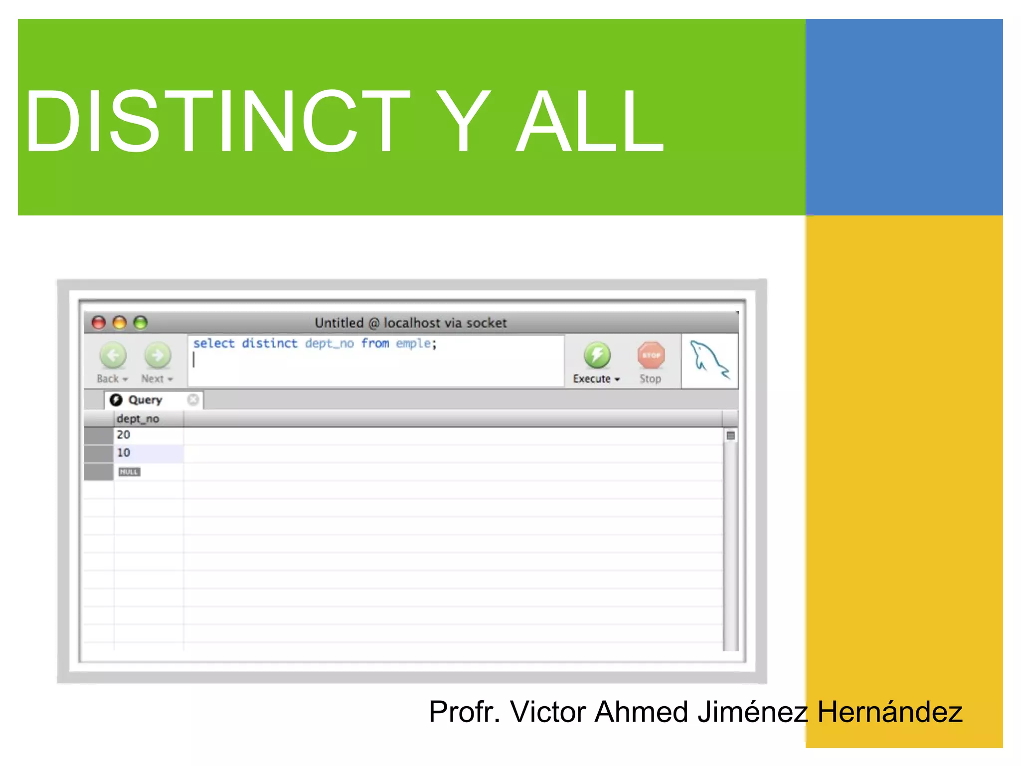 DISTINCT Y ALL




        Profr. Victor Ahmed Jiménez Hernández
 