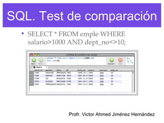 SQL. Test de comparación
  • SELECT * FROM emple WHERE
    salario>1000 AND dept_no<>10;




                Profr. Victor Ahmed Jiménez Hernández
 