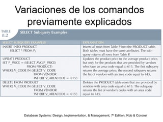 Database Systems: Design, Implementation, & Management, 7th
Edition, Rob & Coronel
Variaciones de los comandos
previamente explicados
 